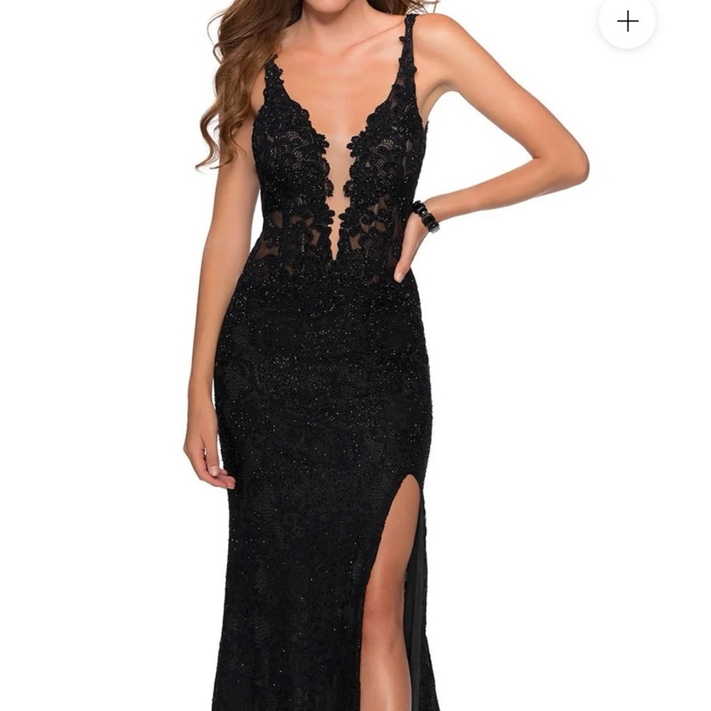 La Femme Black Lace Plunge Evening Gown with Thigh Slit
